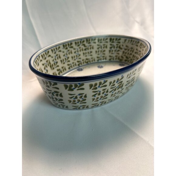 Nantucket Stoneware Oval Dish With Blue & Green Leaf Pattern Microwave Dishwashe - Picture 1 of 7